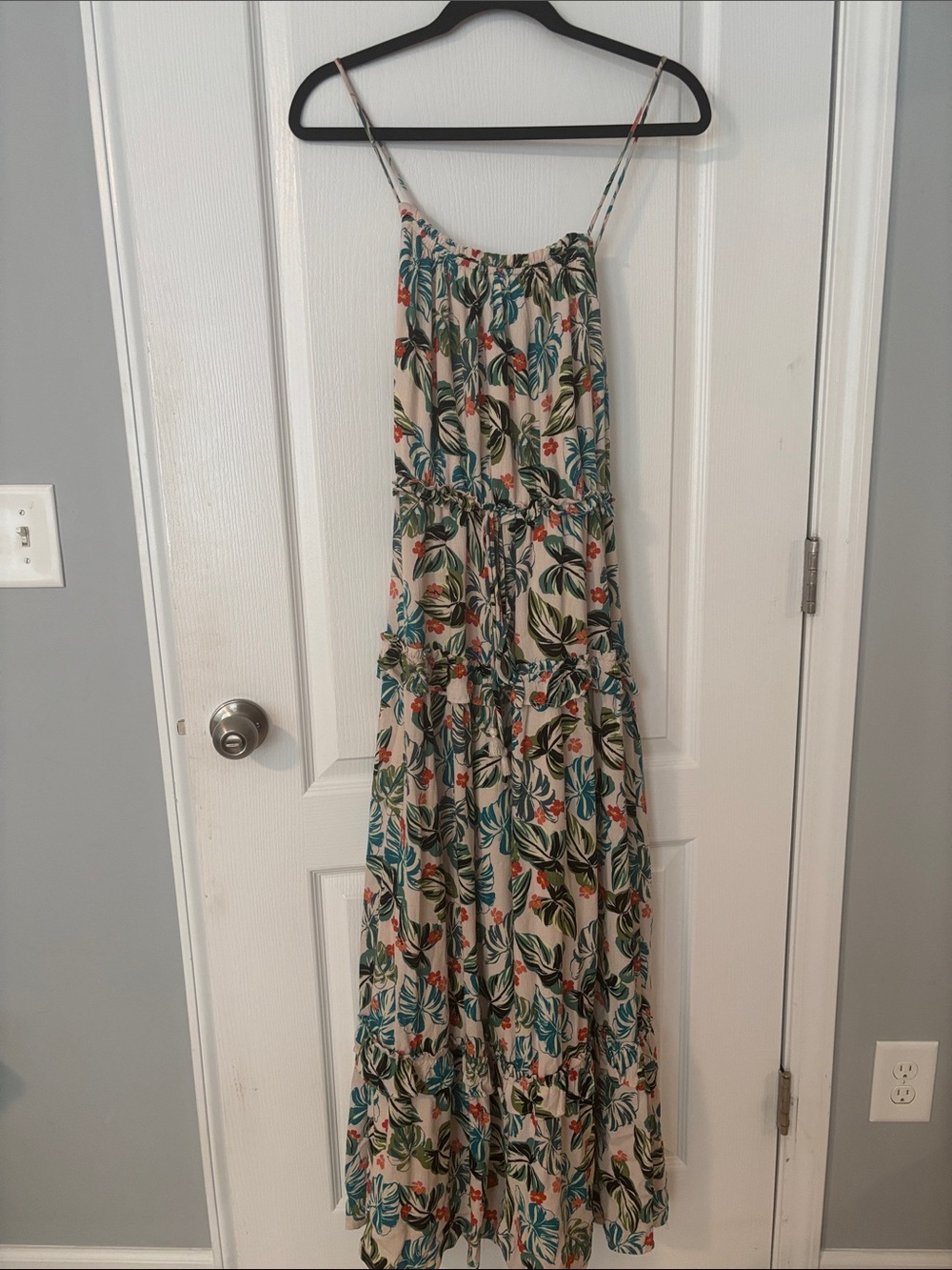 Lost + Wander Cream Maxi Dress with Green & Teal Leaf Print